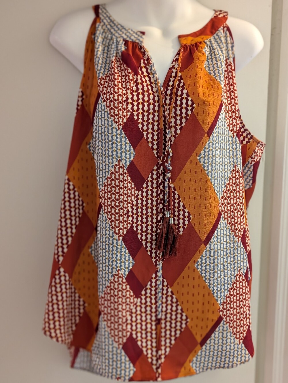 Rose And Olive Sleeveless Geometric Print Tank Top in Rust & Mustard. Xl
